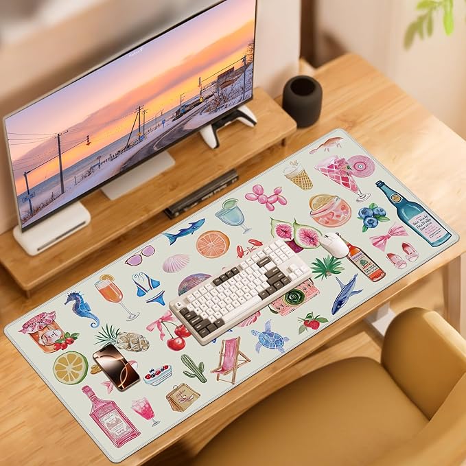 Baziabbo Desk Mat,XXL Extended Large Mouse Pad,Gaming Mousepad with Stitched Edge,Non-Slip Rubber Base Keyboard Desk Pad for Home Office Study Game (Colorful Stickers)