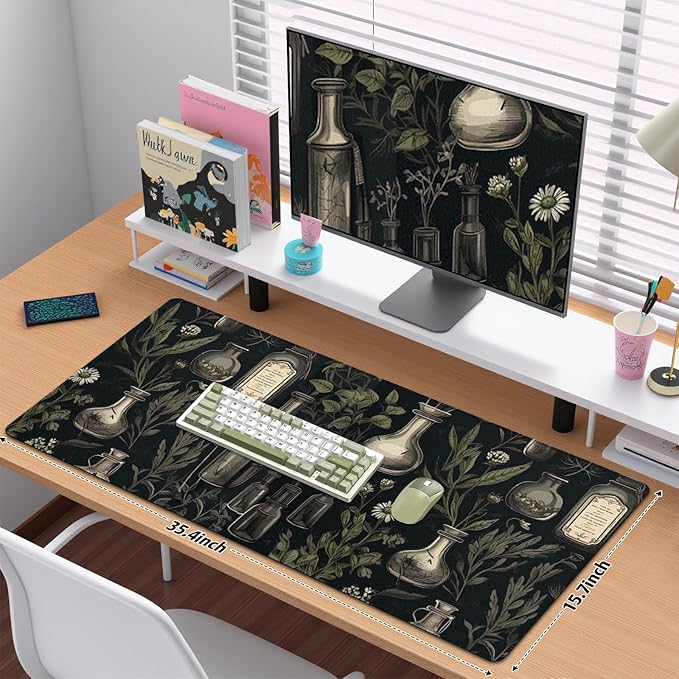 Dark Academia Desk Matt for Desktop, Mouse Pad Mat, Desk Mat for Keyboard and Mouse, Large Mouse Pad for Desk, Anti-Slip Big Mousepad with Stitched Edges, Mouse Mat for Computer, Mystical Green Plant