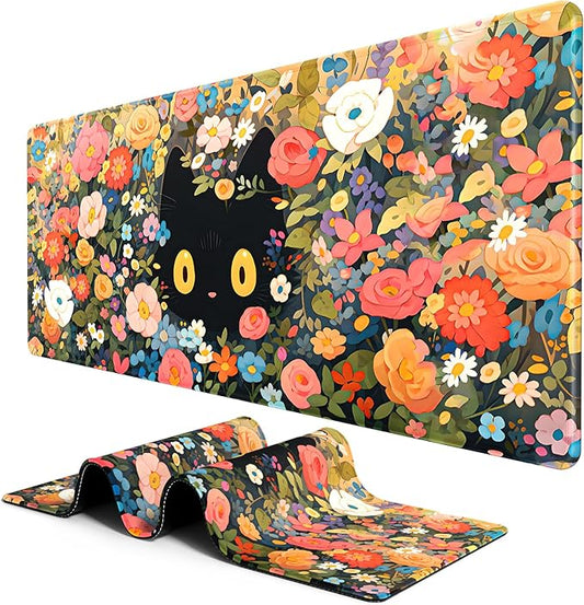 BOSOBO XXL Huge Gaming/Desk Mouse Pad & Keyboard Mat, 35.5 x 15.7 inches - Anime Cat Flower Bush Theme