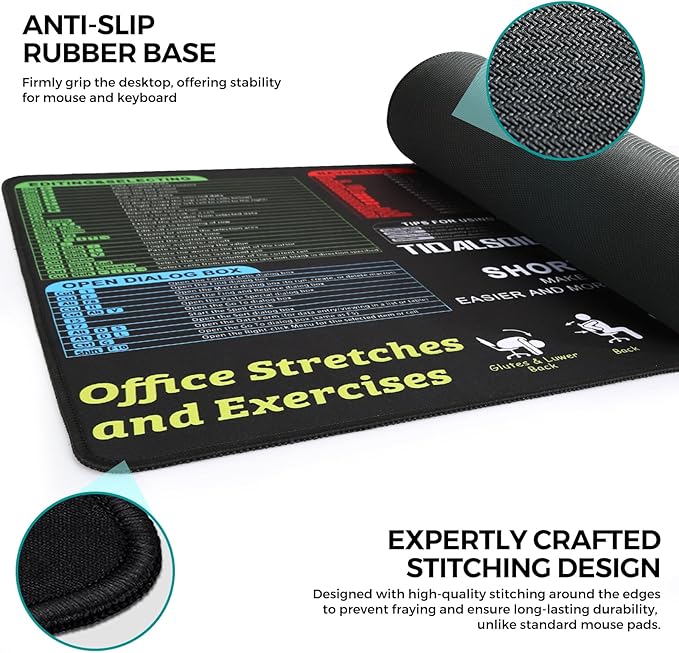 TIDALSOIL Excel Shortcut Keys Mouse Pad 35.4 x 15.7 Inch – Oversized Extended Large Desk Pad with Non-Slip Base, Stitched Edges Mousepad, Smooth Surface for Keyboard, Mouse, Office, Gaming and Work
