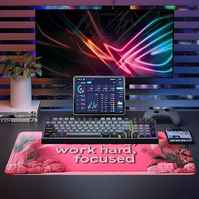 Mouse Pad, Large Anti-Slip with Stitched Edges Desk Mat Desktop Laptop Computer Desk Keyboard Mat,Table Protector Blotter Mat (Work Hard, 31.5" x 11.8")