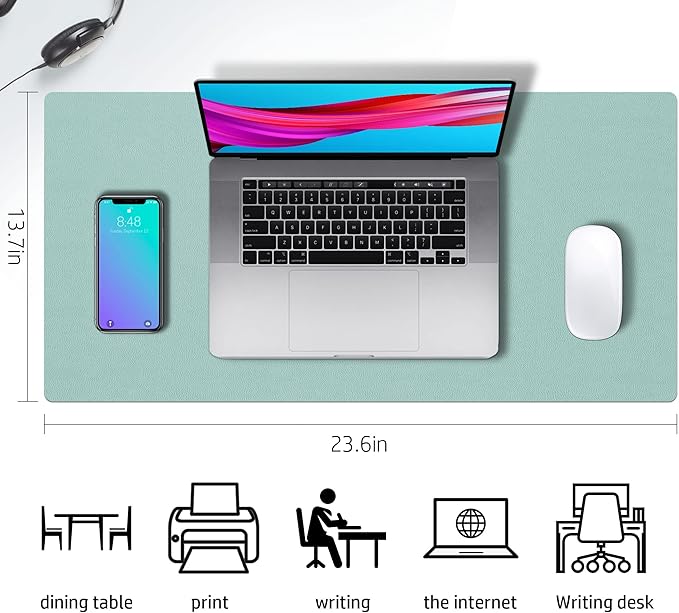 Desk Mat Large protector Pad - Multifunctional Dual-sided Office Desk Pad,Smooth Surface Soft Mouse Pad,Waterproof Desk Mat for Desktop, Pu Leather Desk Cover for Office/Home(Lake Blue, 23.6" x 13.7")