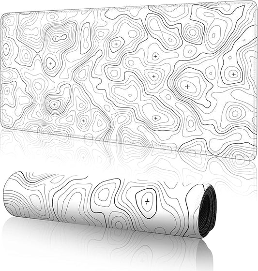 Topographic Large Gaming Mouse Pad,White Mouse Pad Gaming Mouse Mat Desk Pad,31.5 x 11.8 Desk Mat Minimalist Mouse Pads for Desk,Extended White Keyboard Mousepad with Non-Slip Base and Stitched Edge