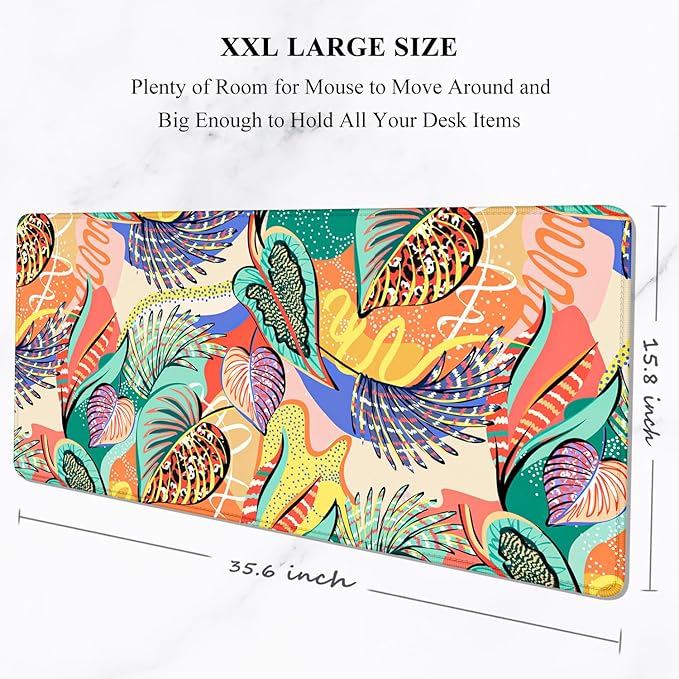 Auhoahsil Desk Mouse Pad, Large Gaming Mousepad, XXL Desk Pad, Extended Long Superior Micro-Weave Cloth Non-Slip Rubber Big Computer Mouse Mat for Gamer, Office & Home, 35" x 15", Tropical Leaves
