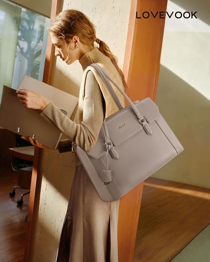 LOVEVOOK Laptop Tote Bag for Women,Computer Work Bag With Large Cup Holder,17.3 Inch Waterproof PU Leather Purse Briefcase for Teacher