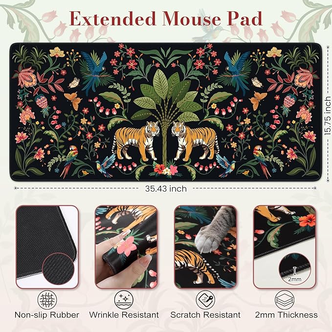 Large Tiger Mouse Pad for Desk, Computer Desk Mat for Keyboard and Mouse, Gaming Computer Mat, Smooth Desktop Pads for Office Home 35.4 x 15.7 Inches (Black)