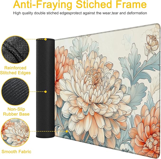 Desk Mat Blooming Chrysanthemums Desk Pad for Keyboard and Mouse, Large Big Gaming Mouse Pad with Stitched Edges for Work Game, 35.43 x 15.75 in
