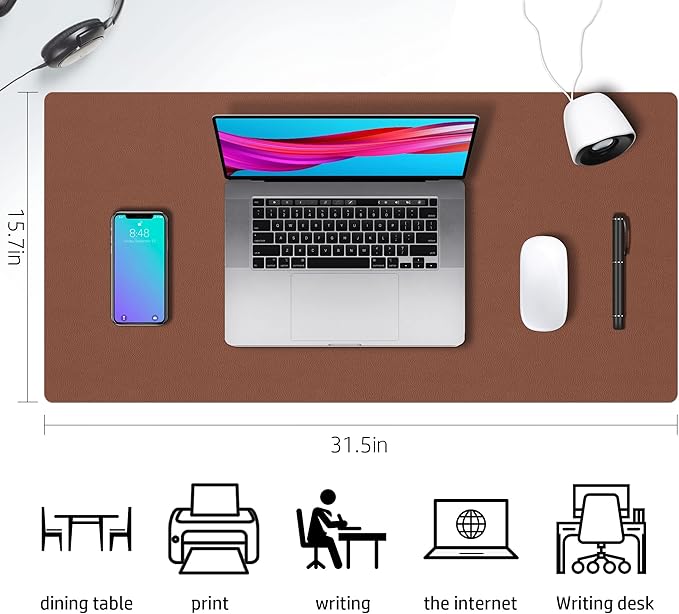 Desk Mat Large Protector Pad - Multifunctional Dual-Sided Office Desk Pad,Smooth Surface Soft Mouse Pad, Waterproof Desk Mat for Desktop, Pu Leather Desk Cover for Office/Home(Brown, 31.5" x 15.7")