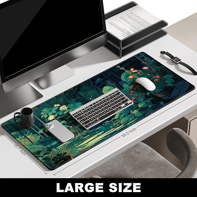BOSOBO Large Mouse Pad, Desk Pad, XXL XL Extended Gaming Mouse Pad, Desk Mat for Office & Home, Long Keyboard Mat, Huge Mouse Pad, Desktop Full Cover 35.5 x 15.7 Inches, Art Lofi Flower Room