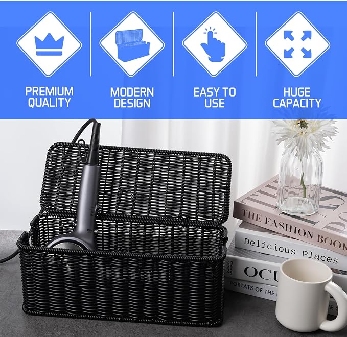 Cable Management Box, Handmade Rattan Cable Organizer with 2 Open Slots, Cord Hider for Power Strip, Router & USB Hub, Registered U.S. Design Patent (D1,112,102), 13" x 5.1" x 5.1", Black - Image 4