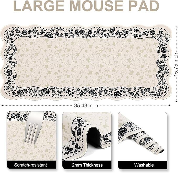 L-SPOUTTO Vintage Floral Mouse Pad,Aesthetic Scalloped Desk Mat XXL Large Gaming Mousepad,35.4x15.7in Non-Slip Keyboard Pad Waterproof Desktop Mat for Laptop Computer Work Game Office-Seamless Floral
