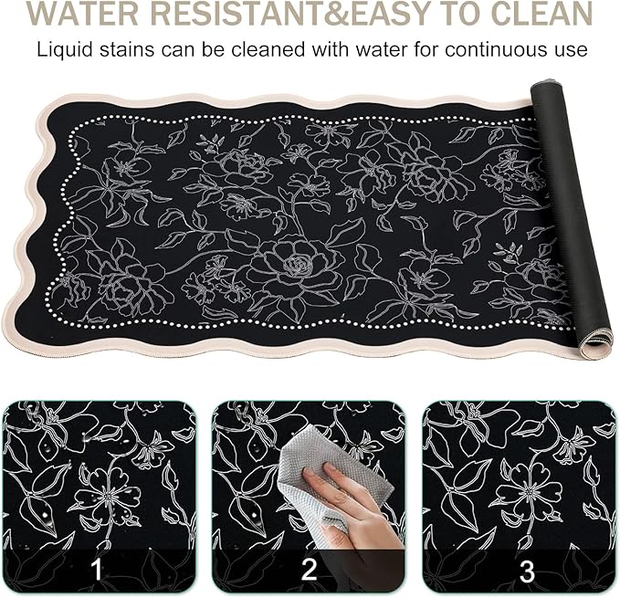 L-SPOUTTO Vintage Floral Mouse Pad,Aesthetic Scalloped Desk Mat XXL Large Gaming Mousepad,35.4x15.7in Non-Slip Keyboard Pad Waterproof Desktop Mat for Laptop Computer Work Game Home Office-Black