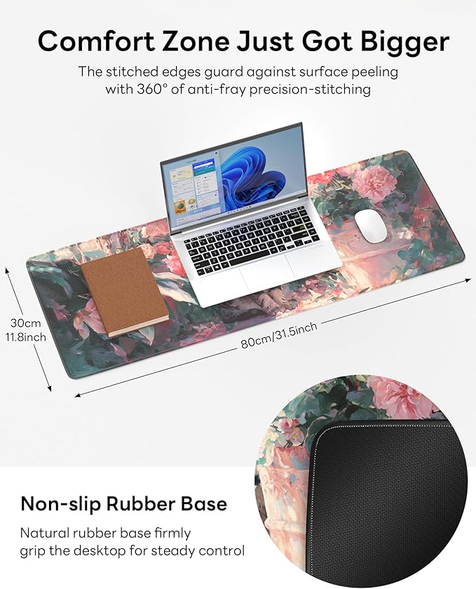 Pink Cat Mouse Pad, 31.5 x 11.8 Large Desk Mat with Stitched Edges & Non-Slip Base, Mousepad for Office, Home, Work