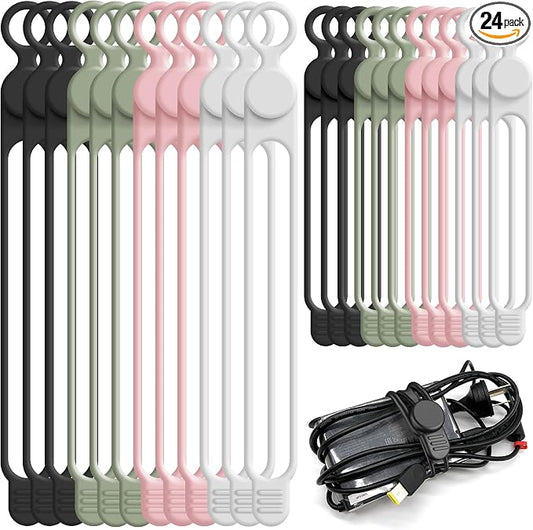 Nearockle Silicone Cable Ties Cord Organizer for Cable Management, 24PCS 4.2" and 7.1" Reusable Cable Organizer Electronic Accessories for Home, Office, Kitchen, School, Travel (4 Colors) by ELECTRONICSORGANIZATION