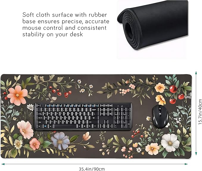 Cute Floral Aesthetic Wildflower Gaming Mouse Pad, Dark Charcoal Cottagecore Desk Mat with Anti-Slip Base & Stitched Edges, Computer Keyboard & Laptop Pad, 35.4" x 15.7" in in Workstation Accessories
