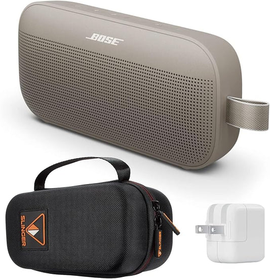 Bose NEW SoundLink Flex Portable Bluetooth Speaker (2nd Gen), Outdoor Speaker with Hi-Fi Audio, Up to 12 Hours Battery, Waterproof and Dustproof, + Slinger Hard Travel Case & USB Plug (Sandstone)
