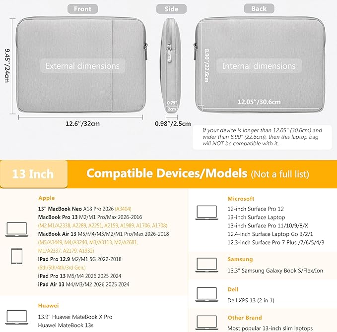 HYZUO 13 Inch Laptop Sleeve Bag Set for MacBook Air 13 M5/M4/M3/M2/M1 A3449 2026-2018, 13" MacBook Neo 2026 A3404, MacBook Pro 13 M2/M1 2026-2016, iPad Pro/Air 13, XPS 13, Surface Pro, Light Gray