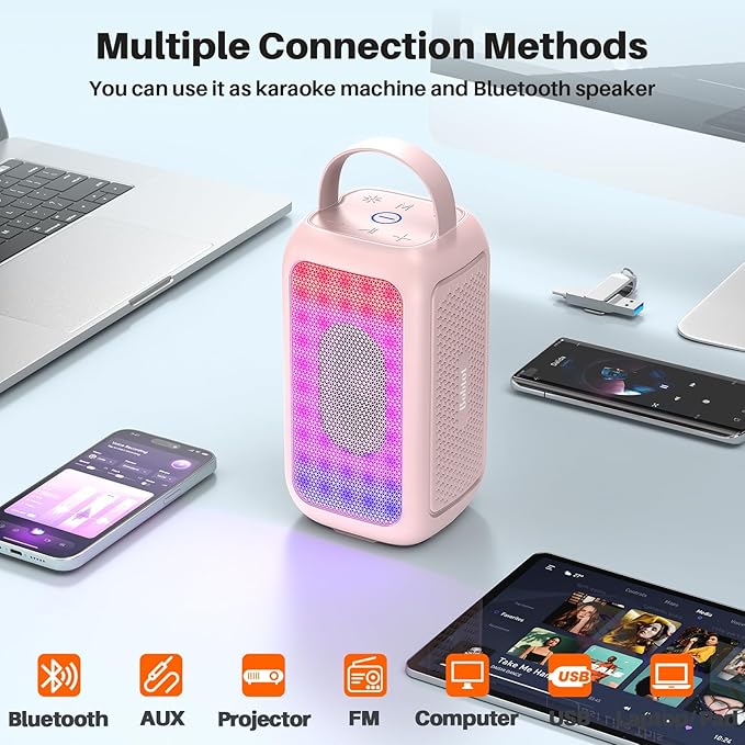 Bobtot Portable Bluetooth Speaker, 16H Playtime Wireless Speakers, Peak Singing Machine with Microphone, Magic Sound, Echo, EQ Mode (Pink, with 1 Mic)