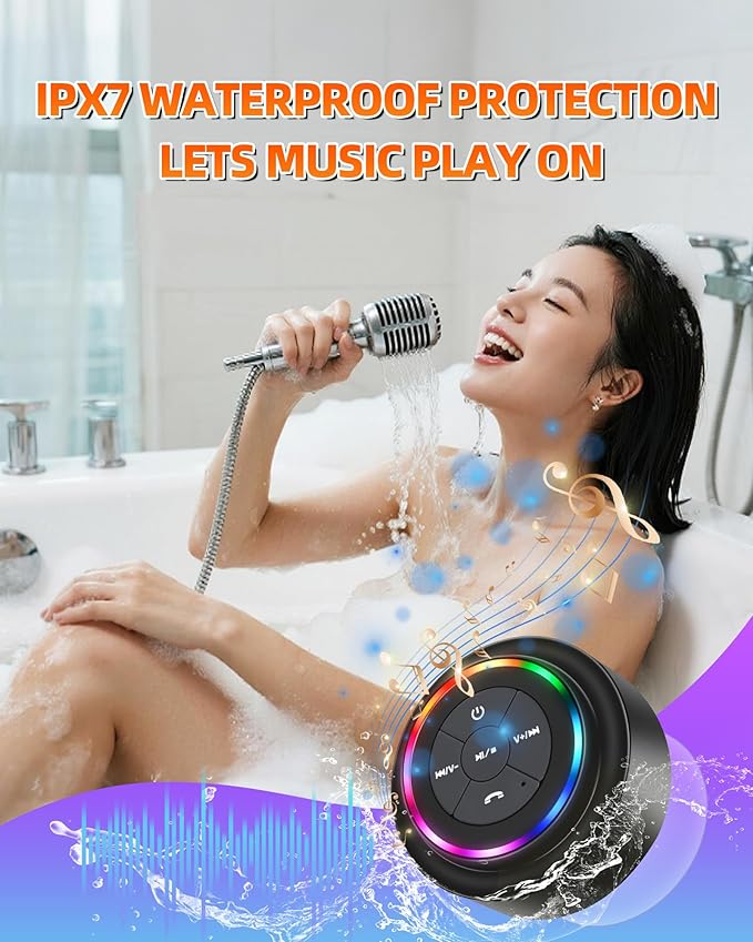 Waterproof Bluetooth Shower Speaker, Portable Wireless Speaker with Suction Cup, Small Portable Wireless Outdoor Speakers, 6 Mode RGB Lights, for Shower Bathroom Pool Beach, Gift Ideas for Christmas