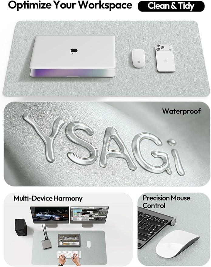 YSAGi Leather Desk Pad Protector, Office Desk Mat, Large Mouse Pad, Non-Slip PU Leather Desk Blotter, Laptop Desk Pad, Waterproof Desk Writing Pad for Office and Home (Silver, 23.6" x 13.8")