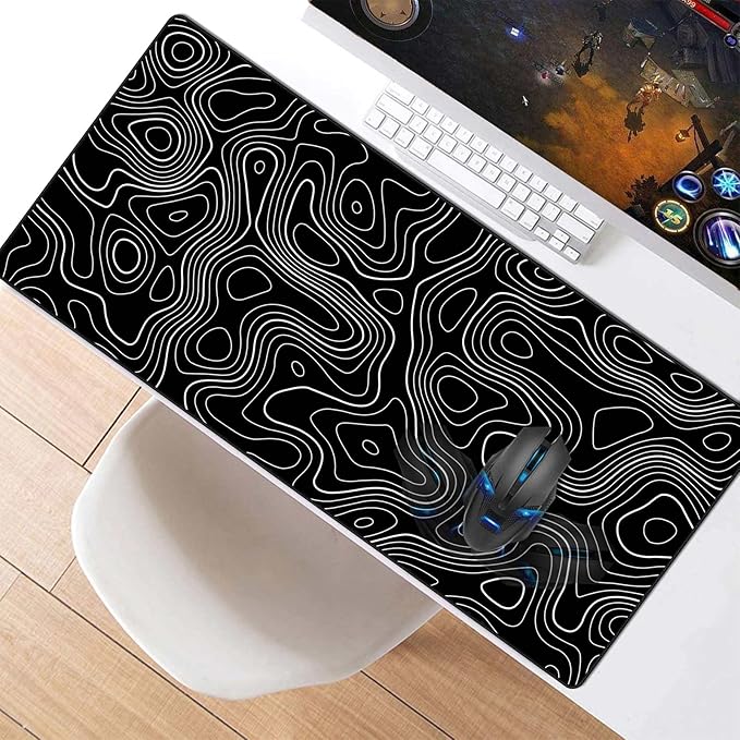 Large Gmaing Mouse Pad with Stitched Edges, Superior Micro-Weave Cloth, Non-Slip Base, Size 35.4 X 15.7X 0.12inches - Black Topographic Contour