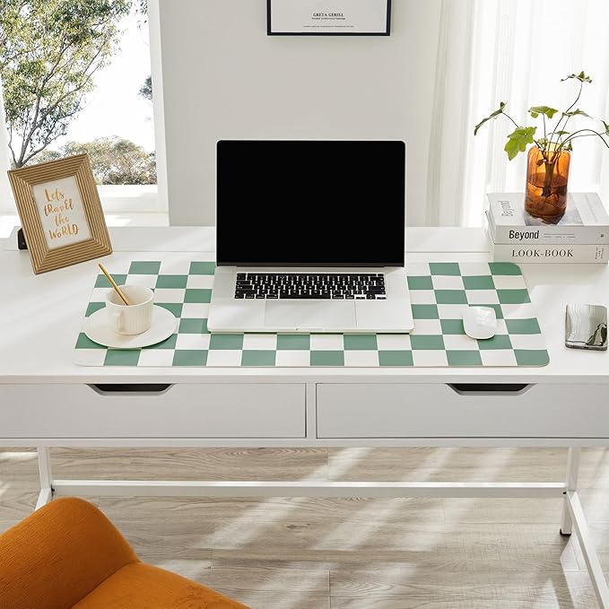 Checkered Desk Mat, Large Cute Aesthetic Retro PU Leather Computer Laptop Desk Mat, Non-Slip Waterproof Mouse Keyboard Pad, Desk Writing Mat for Work/Home (Sage, 31.5" x 15.7")