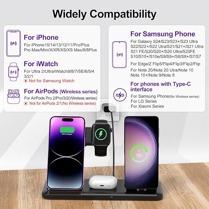 Wireless Charger for iPhone Charging Station, Foldable 4 in 1 Fast Charging for iPhone 16 15 14 13 12 Pro Max Plus, Charger Stand for Apple Watch & Airpods 4 3 2 Pro,for Samsung Series Yellow