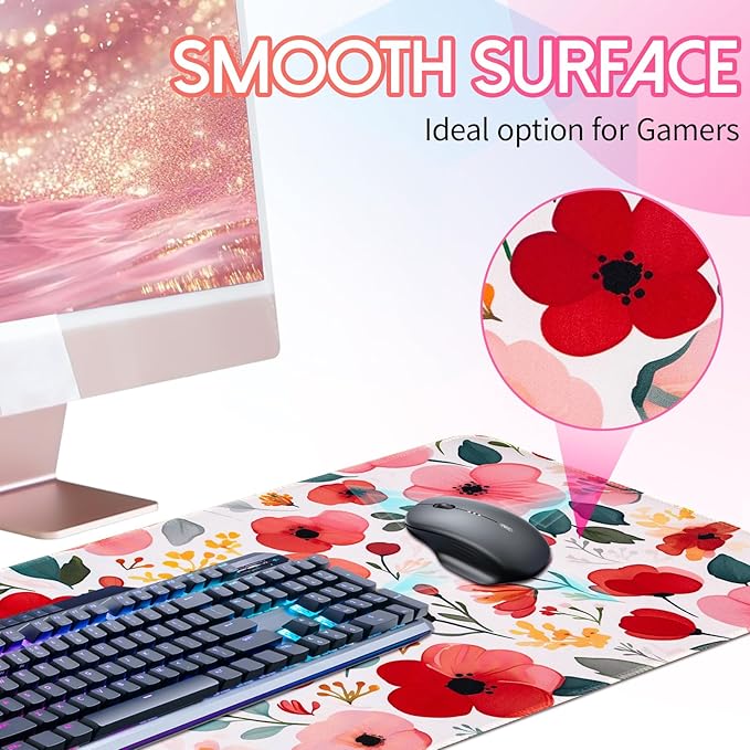 Floral Desk Mat, Desk Matt for Desktop Non-Slip, Large Mouse Pad with Stitched Edges, XL Computer Desk Mat for Women Office Decor (Red, 31.5" x 15.7")