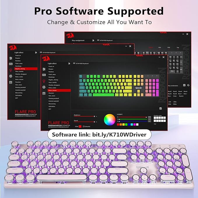 Redragon K710 Wireless Typewriter Mechanical Gaming Keyboard, Bluetooth/2.4Ghz/Wired, RGB Led Backlit, Blue Switch - Clicky, Rechargeable, Solid Metal Panel, Round Keycaps, Pink