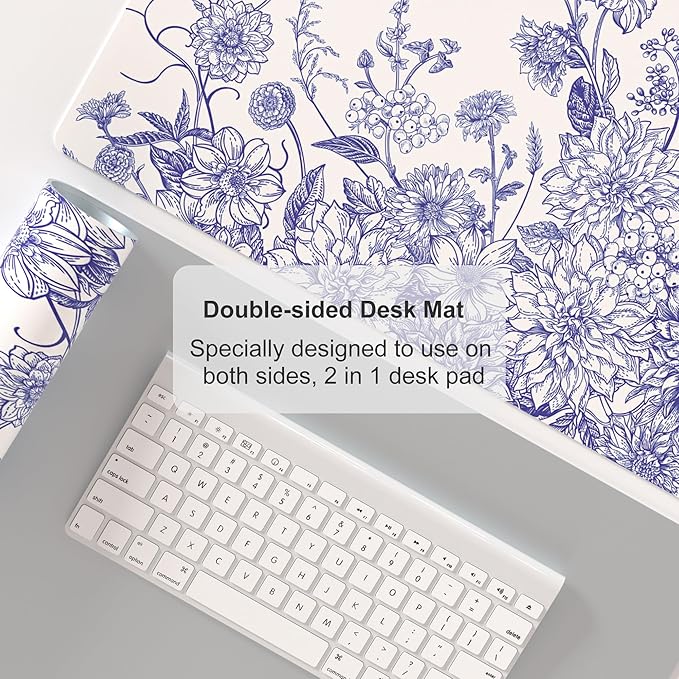 Colorful Star Large Mouse Pad, Floral Desk Mat Office Supplies, Waterproof Faux Leather Big Gaming Mousepad for Women Girls, Vintage Blue Flowers Desk Pad Home Office Décor Accessories 31.5" x 15.7"