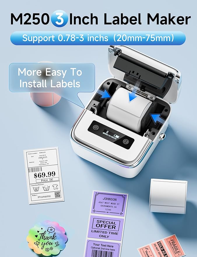 Phomemo M250 Label Maker Machine with Tape, 3 Inch Label Maker for Address, 2026 Upgrade Portable Barcode Printer for Business, Home, Logo Label, Sticker Printer for Phones & PC, with 1 Roll Label