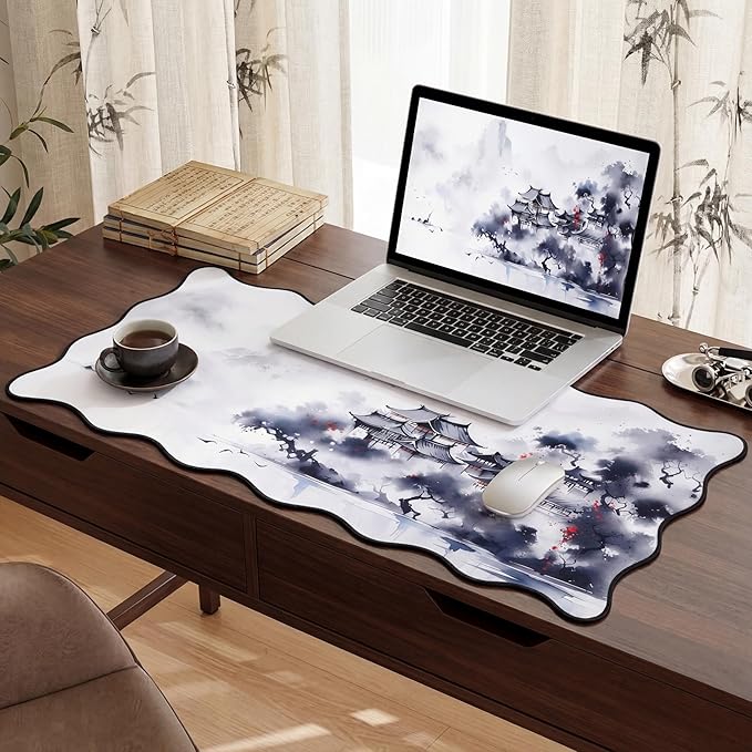 Kingdder Scalloped Ink Landscape Desk Mat Large Chinese Ink Painting Mouse Pad 31.5" x 15.7" Chinoiserie Aesthetic Vintage Nonslip Rubber Base Keyboard Pad for Laptop Computer Dorm Home Office Gaming