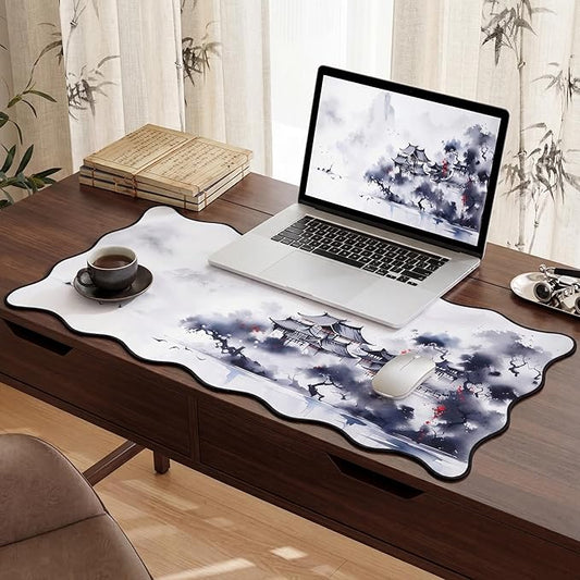Kingdder Scalloped Ink Landscape Desk Mat Large Chinese Ink Painting Mouse Pad 31.5" x 15.7" Chinoiserie Aesthetic Vintage Nonslip Rubber Base Keyboard Pad for Laptop Computer Dorm Home Office Gaming