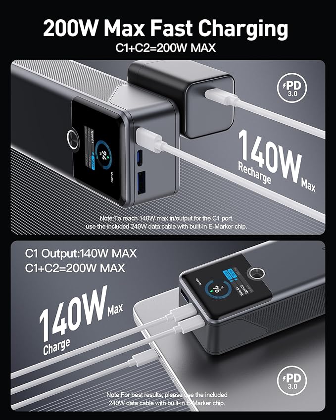 Laptop Power Bank, 3-Port 20,000mAh Portable Charger with 200W Max Output, PD 3.1 Fast Charging, Flight-Approved for Travel, PowerTower, for MacBook, iPhone 17/16 Series, and More(Grey)