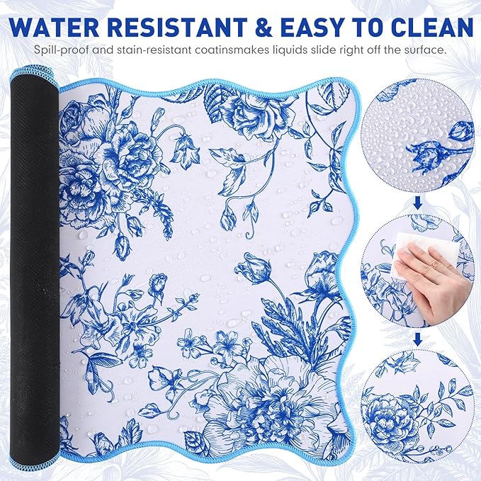 Kingdder Scalloped Desk Mat Large Blue and White Floral Chinoiserie Mouse Pad 31.5" x 15.7" Aesthetic Vintage Nonslip Rubber Base Keyboard Pad for Laptop Computer Dorm Home Office Gaming