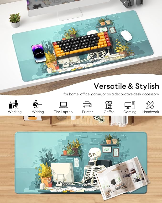 XL Gaming Mouse Pad, 31.5x15.7'' Large Desk Mat with Anti-Slip Rubber Base & Stitched Edges for Gaming, Office, Home - Office Skeleton