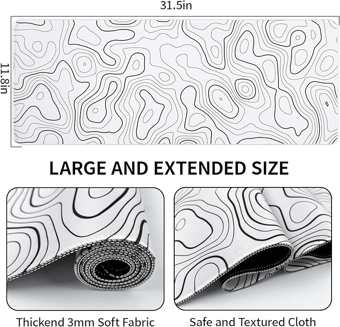 White Mouse Pad, 31.5" x 11.8" White Desk Mat Topographic Mouse Pad for Desktop, Large Gaming Mousepad with Stitched Edges, XL Long Mousepad Big with Rubber Base for Office Gaming Home