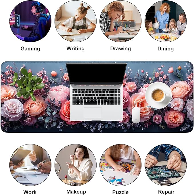 Mouse Pad, Large Anti-Slip with Stitched Edges Desk Mat Desktop Laptop Computer Desk Keyboard Mat,Table Protector Blotter Mat (Pink Flower, 31.5" x 11.8")