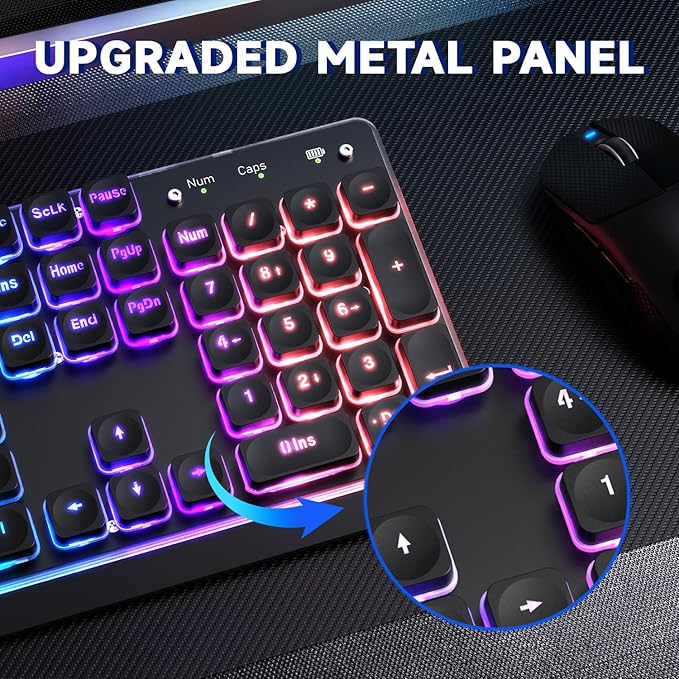 M104 Wireless Gaming Keyboard with Metal Panel Wired/Bluetooth Mechanical Feel Membrane Full Size Keyboard with Numeric Keypad RGB 4000MAH Rechargeable Quiet for PC Gamer-Black