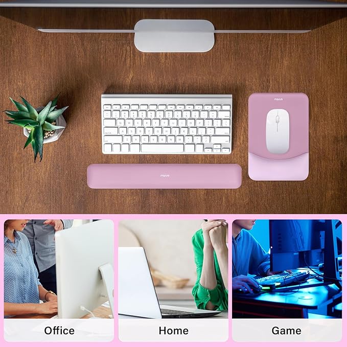 MOSISO Wrist Rest Support for Mouse Pad&Keyboard Set, Rectangular Ergonomic Mousepad Non-Slip Base Home/Office Pain Relief&Easy Typing Pad with Neoprene Cloth&Raised Silicone Lining, Mauve Pink