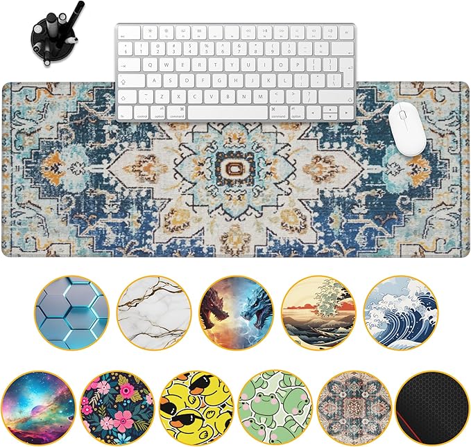 Desk Mat,Bohemian Textile Rug Texture Mouse Pad,31.5""X15.7"" Large Desk Pad with Stitched Edge Non-Slip Base Keyboard Big Mouse Pad for Office Home Work Gaming, WDQ-D10