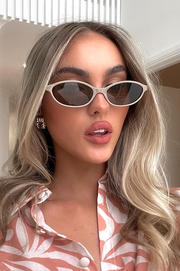 GUVIVI Retro Oval Sunglasses for Women Chic Cat Eye 90s Sunnies Lightweight Narrow Shades Trendy UV protection Sun Glasses