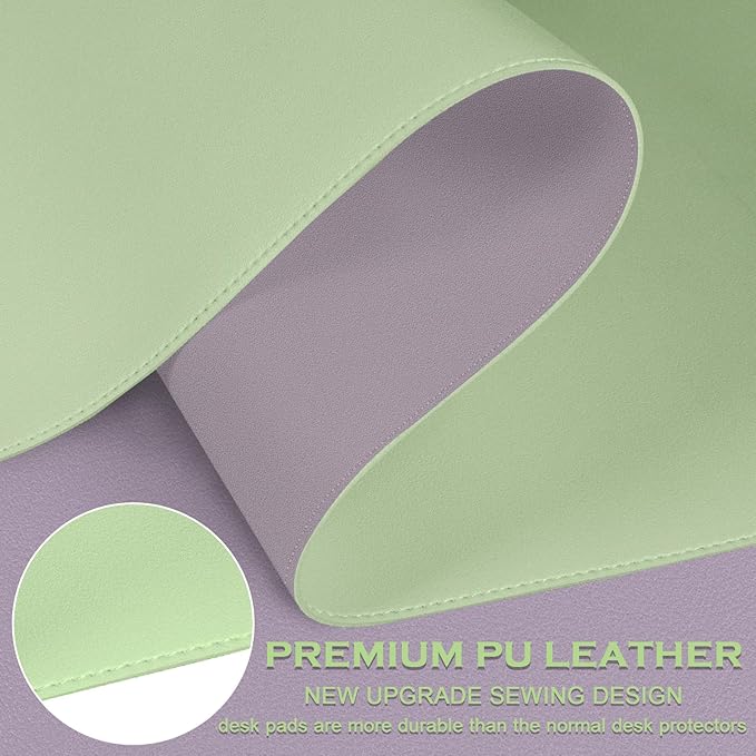 Bleswin Double-Sided Desk Mat, 23.6''×13.8'', PU Leather Mouse Pad, Waterproof Desk Pad, Laptop Leather Desk Mat, Protector for Keyboard and Mouse for Office and Home (Matcha+Purple)