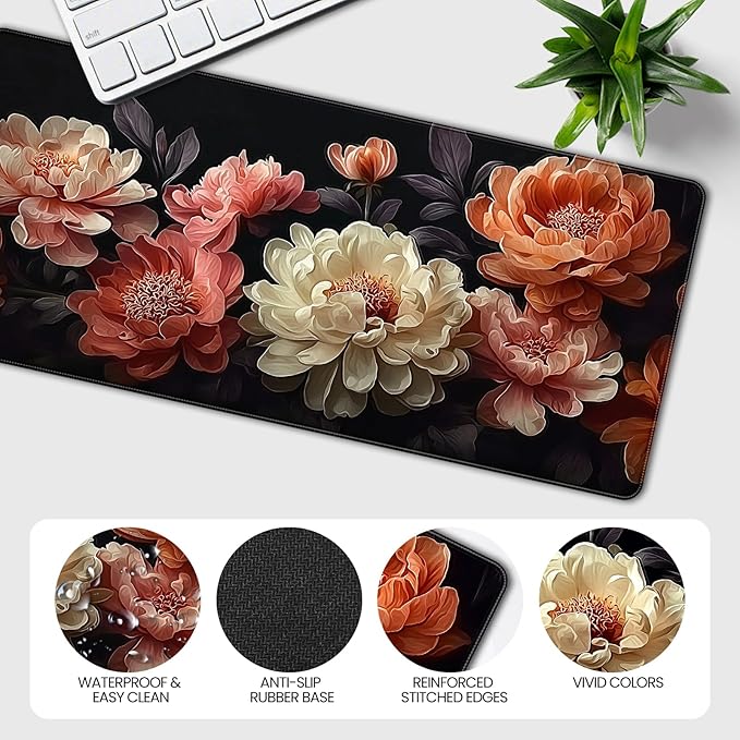 Extended Mouse Pad, Elegant Peony Floral Design, 35.4 x 15.7 Inch, Microfiber Surface, Non-Slip Base, Waterproof, Black with Coral and Cream Flowers