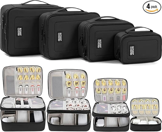 AKOZLIN Cord Organizer Case with Adjustable Divider 4pcs/set Padded Cable Organizer Bag Double Layer Electronics Travel Case DJ Cable File Bag Black