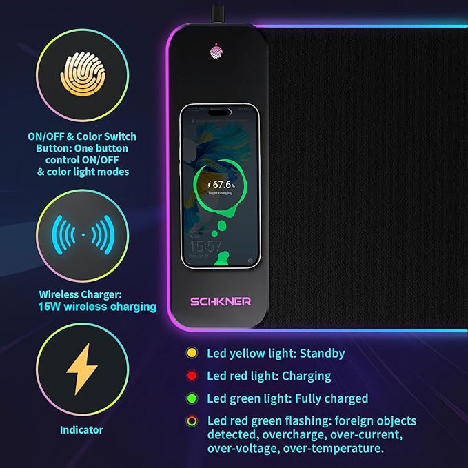 RGB Gaming Mouse Pad with Wireless Charging 15W, Large Desk Mat 800x300x4mm, 10 Light Modes Keyboard Pad with Non-Slip Rubber Base, Waterproof Mousepad for Gaming PC MacBook Laptop