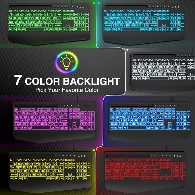 SABLUTE K21 Pro Large Print Backlit Keyboard, Wired USB Computer Keyboards with 7-Colors Backlight, Wrist Rest, Phone Holder, Oversized Letter Keys Easy to See and Type for Laptop, PC, Windows, Black