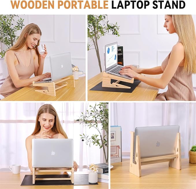 Wooden Laptop Stand for Desk, Vertical & Horizontal Wood Laptop Riser with Keyboard Storage, Compatible with MacBook Air Pro/Dell/HP/Lenovo 13-17 Inch Laptops