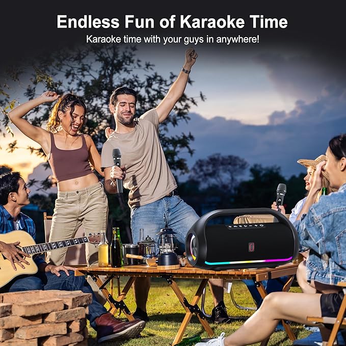 Portable Bluetooth Speaker with 2 Wireless Microphones, IPX5 Waterproof Speakers with Deep Bass & LED Lights, Loud Stereo Portable Speaker for Outdoor Indoor Home Parties Hiking Camping