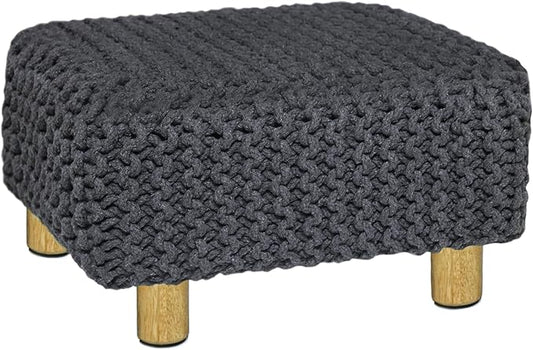 COTTON CRAFT Braided Footrest - Handknitted Dori Foot Stool with Sturdy Wood Legs – Handmade Boho Leg Rest - Small Spaces Under Desk Living Room Entryway Low Footstool Pouf - 16.5x12x9.5 - Grey
